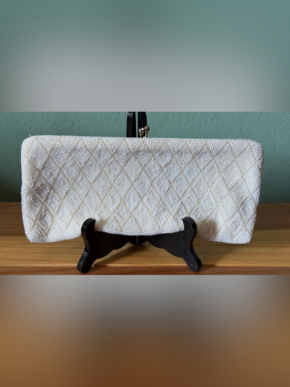 Vintage Richere White Beaded Clutch Hand Made Japan 10” Evening Bag